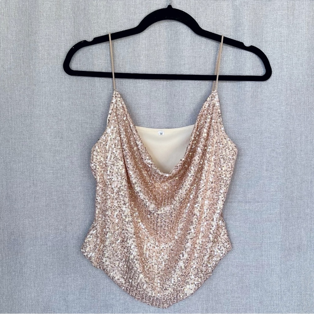 Gold Sequin Cowl Neck Going Out Tank Top Size M